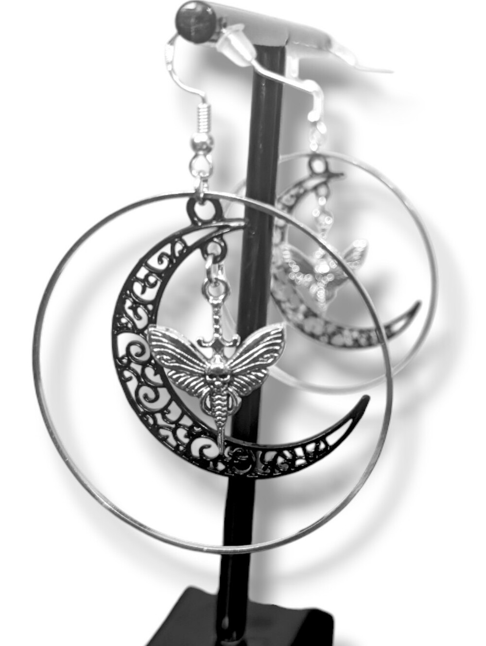 NWT Handmade Black Crescent Moon Silver Death Moth Sword Hoop Earrings